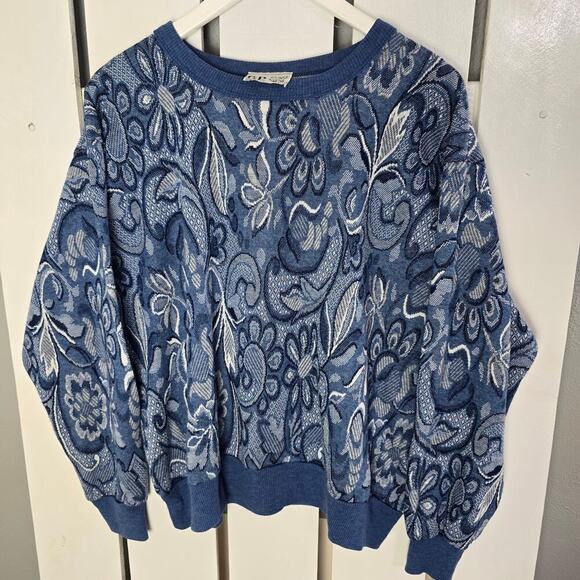 C.P. Sport VTG Floral Paisley Pullover Crewneck Blue Sweater L Cottage Retro - Picture 1 of 5